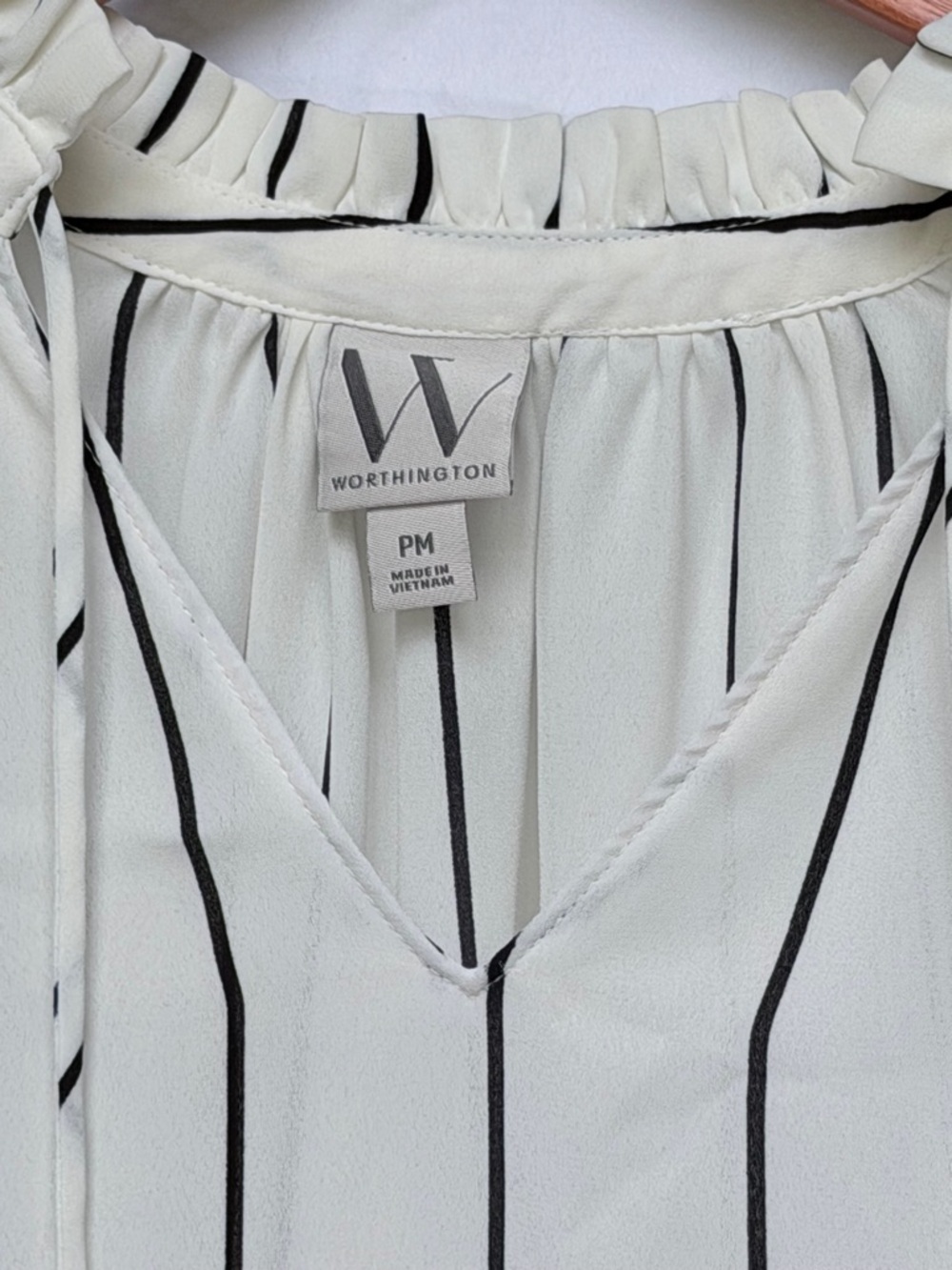 Worthington Striped V-Neck Blouse with Smocked Cuffs – Size PM - Picture 2 of 3